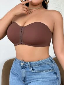SHEIN 大码女士纯色无肩带前扣式文胸 - 棕色 - 查看 3