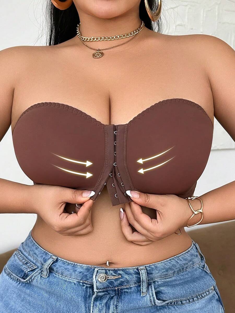 SHEIN 大码女士纯色无肩带前扣式文胸 - 棕色 - 查看 1