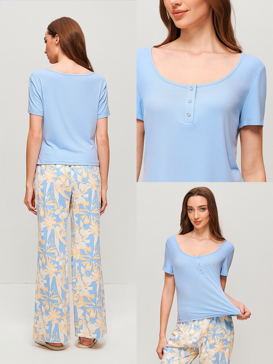 Cotton Basic Henley T-Shirt & Patterned Pants PJ Set