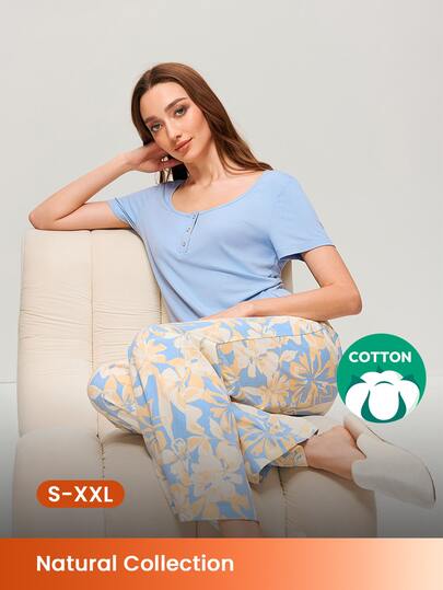 LUVLETTE Summer Blue Soft Cotton Basic Henley T-Shirt & Patterned Pants Loungewear Airy Pajama Sets For Women Lounge Sets For Women As Outerwear Graphic