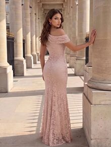 Modelyn Asymmetrical Shoulder Draped Detail Lace Formal Dress - Pink - View 2
