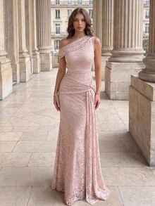 Modelyn Asymmetrical Shoulder Draped Detail Lace Formal Dress - Pink - View 5