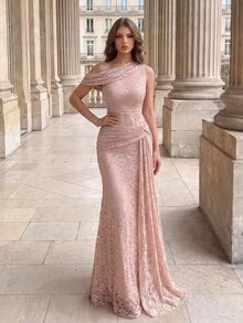 Modelyn Asymmetrical Shoulder Draped Detail Lace Formal Dress - Pink - View 4