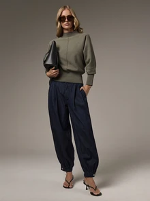 COSMINA Sweater Wanita Kasual Warna Polos Kerah Tegak Lengan Kelelawar, Musim Gugur/Dingin - Hijau Tentara - View 3