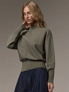 COSMINA Sweater Wanita Kasual Warna Polos Kerah Tegak Lengan Kelelawar, Musim Gugur/Dingin - Hijau Tentara - View 5