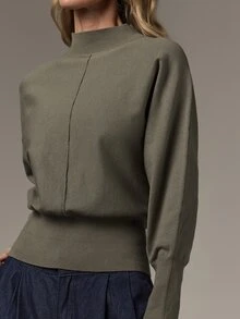 COSMINA Sweater Wanita Kasual Warna Polos Kerah Tegak Lengan Kelelawar, Musim Gugur/Dingin - Hijau Tentara - View 7