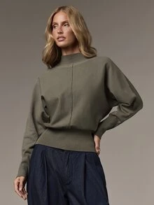 COSMINA Sweater Wanita Kasual Warna Polos Kerah Tegak Lengan Kelelawar, Musim Gugur/Dingin - Hijau Tentara - View 6