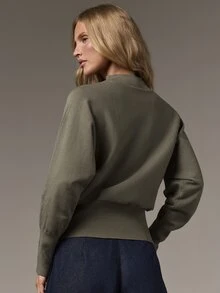 COSMINA Sweater Wanita Kasual Warna Polos Kerah Tegak Lengan Kelelawar, Musim Gugur/Dingin - Hijau Tentara - View 2