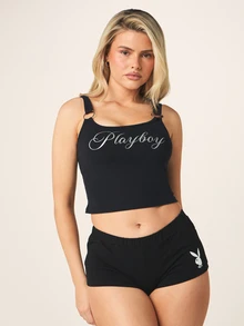 Missguided x Playboy Bunny Logo Graphic Booty Shorts With Back Print Mini Hot Pants Fitted Summer Festival Style Lounge Gym Black And White Alt Casual - Black - View 6