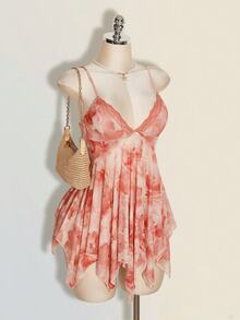 SHEIN ICON 夏季女款優雅儀式感粉色性感海灘外出花卉紮染派對舞會花卉印花3D蝴蝶結蕾絲拼接細肩帶洋裝，夏季女裝 - 彩色 - 查看 17