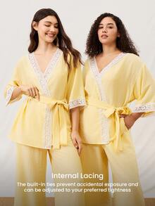 LUVLETTE Conjunto de pijama de verano de lino suave y ligero con encaje elegante, top & pantalones de ropa de estar en casa, pantalones de ropa de estar en casa aireados con bolsillos, atuendos de moda casual y cómodos - Amarillo - Ver 11