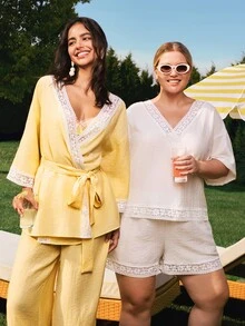 LUVLETTE Conjunto de pijama de verano de lino suave y ligero con encaje elegante, top & pantalones de ropa de estar en casa, pantalones de ropa de estar en casa aireados con bolsillos, atuendos de moda casual y cómodos - Amarillo - Ver 16