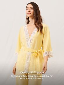 LUVLETTE Conjunto de pijama de verano de lino suave y ligero con encaje elegante, top & pantalones de ropa de estar en casa, pantalones de ropa de estar en casa aireados con bolsillos, atuendos de moda casual y cómodos - Amarillo - Ver 6