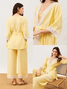 LUVLETTE Conjunto de pijama de verano de lino suave y ligero con encaje elegante, top & pantalones de ropa de estar en casa, pantalones de ropa de estar en casa aireados con bolsillos, atuendos de moda casual y cómodos - Amarillo - Ver 4