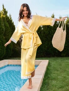 LUVLETTE Conjunto de pijama de verano de lino suave y ligero con encaje elegante, top & pantalones de ropa de estar en casa, pantalones de ropa de estar en casa aireados con bolsillos, atuendos de moda casual y cómodos - Amarillo - Ver 15
