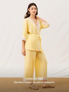 LUVLETTE Conjunto de pijama de verano de lino suave y ligero con encaje elegante, top & pantalones de ropa de estar en casa, pantalones de ropa de estar en casa aireados con bolsillos, atuendos de moda casual y cómodos - Amarillo - Ver 9