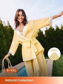 LUVLETTE Conjunto de pijama de verano de lino suave y ligero con encaje elegante, top & pantalones de ropa de estar en casa, pantalones de ropa de estar en casa aireados con bolsillos, atuendos de moda casual y cómodos - Amarillo - Ver 2