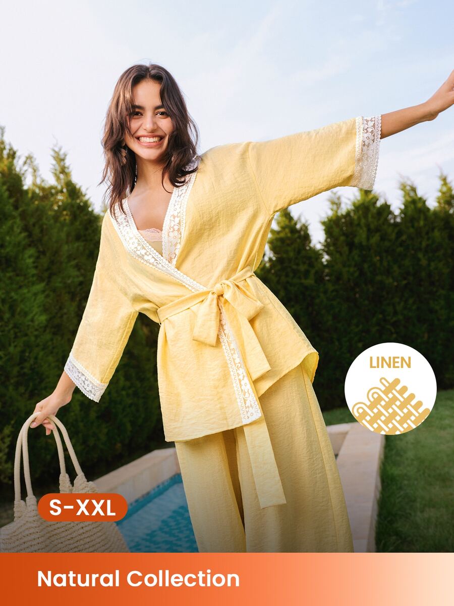 LUVLETTE Conjunto de pijama de verano de lino suave y ligero con encaje elegante, top & pantalones de ropa de estar en casa, pantalones de ropa de estar en casa aireados con bolsillos, atuendos de moda casual y cómodos