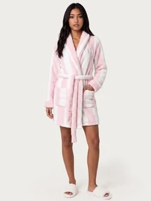 MISSGUIDED TEEN Cozy Plush Striped Wrap Robe With Shawl Collar Belt And Angel Wing Embroidery Perfect Winter Loungewear Gift - Multicolor - View 3