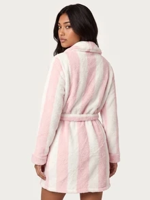 MISSGUIDED TEEN Cozy Plush Striped Wrap Robe With Shawl Collar Belt And Angel Wing Embroidery Perfect Winter Loungewear Gift - Multicolor - View 2