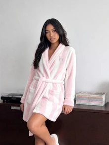 MISSGUIDED TEEN Cozy Plush Striped Wrap Robe With Shawl Collar Belt And Angel Wing Embroidery Perfect Winter Loungewear Gift - Multicolor - View 6