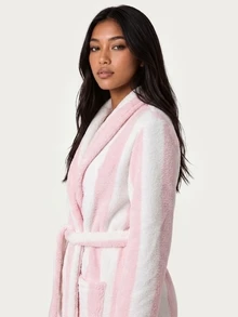 MISSGUIDED TEEN Cozy Plush Striped Wrap Robe With Shawl Collar Belt And Angel Wing Embroidery Perfect Winter Loungewear Gift - Multicolor - View 4