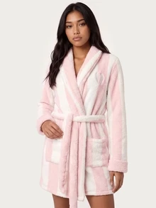 MISSGUIDED TEEN Cozy Plush Striped Wrap Robe With Shawl Collar Belt And Angel Wing Embroidery Perfect Winter Loungewear Gift - Multicolor - View 1