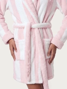 MISSGUIDED TEEN Cozy Plush Striped Wrap Robe With Shawl Collar Belt And Angel Wing Embroidery Perfect Winter Loungewear Gift - Multicolor - View 5