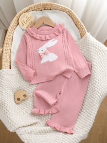 SHEIN 幼女秋冬粉色長袖蝴蝶結動物圖案針織衫套裝，開學季舒適柔軟，聖誕節慶休閒日常穿著 - 粉色 - 查看 1