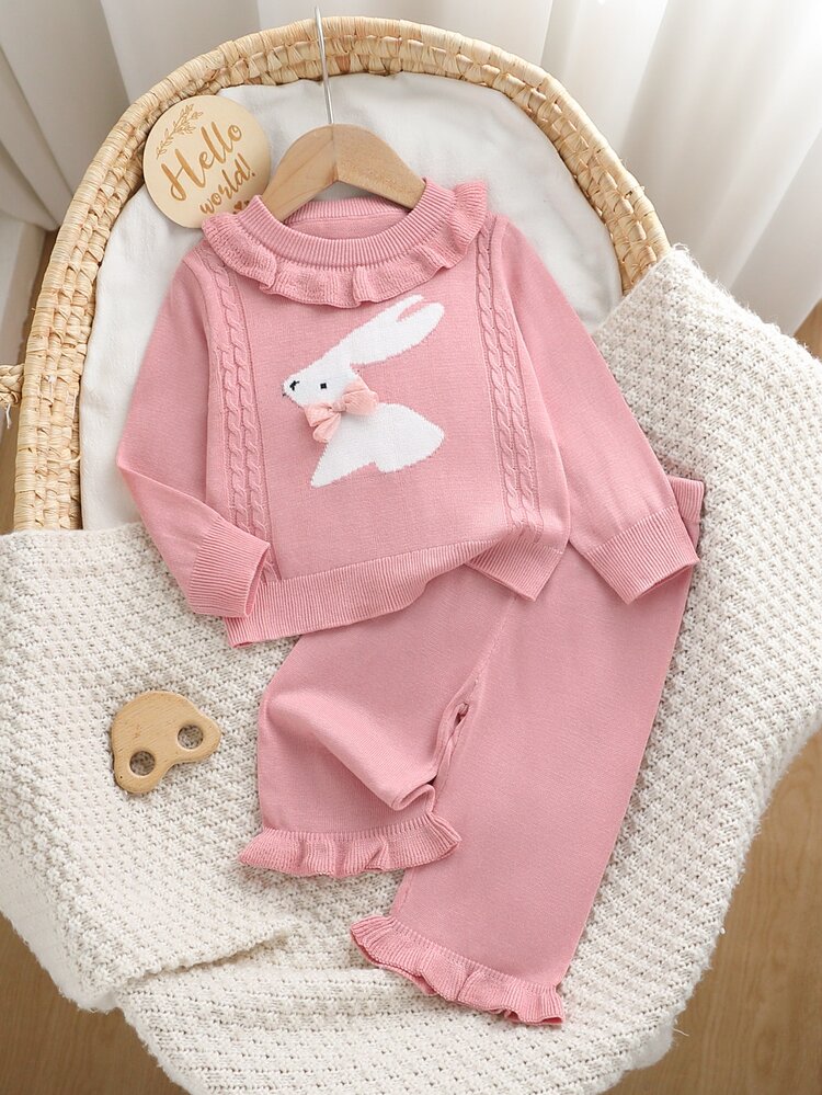 SHEIN ملابس الخريف والشتاء للبنات الصغيرات، طقم كنزة وردية بأكمام طويلة مع فيونكة وتصميم حيوان، العودة إلى المدرسة، دافئة ومريحة، ملابس احتفالية عيد الميلاد، ملابس كاجوال يومية - وردي - مشاهدة 1