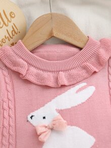 SHEIN 幼女秋冬粉色長袖蝴蝶結動物圖案針織衫套裝，開學季舒適柔軟，聖誕節慶休閒日常穿著 - 粉色 - 查看 5