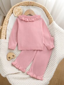 SHEIN 幼女秋冬粉色長袖蝴蝶結動物圖案針織衫套裝，開學季舒適柔軟，聖誕節慶休閒日常穿著 - 粉色 - 查看 2
