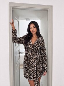 MISSGUIDED TEEN 豹紋連帽抓絨睡袍附腰帶，舒適保暖包圍式家居服，長袖毛絨冬季睡衣 - 彩色 - 查看 6