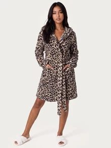 MISSGUIDED TEEN 豹紋連帽抓絨睡袍附腰帶，舒適保暖包圍式家居服，長袖毛絨冬季睡衣 - 彩色 - 查看 3