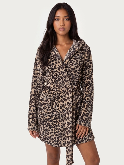 MISSGUIDED TEEN Leopard Print Hooded Fleece Robe With Tie Belt Novelty Ears Soft Cosy Dressing Gown Loungewear