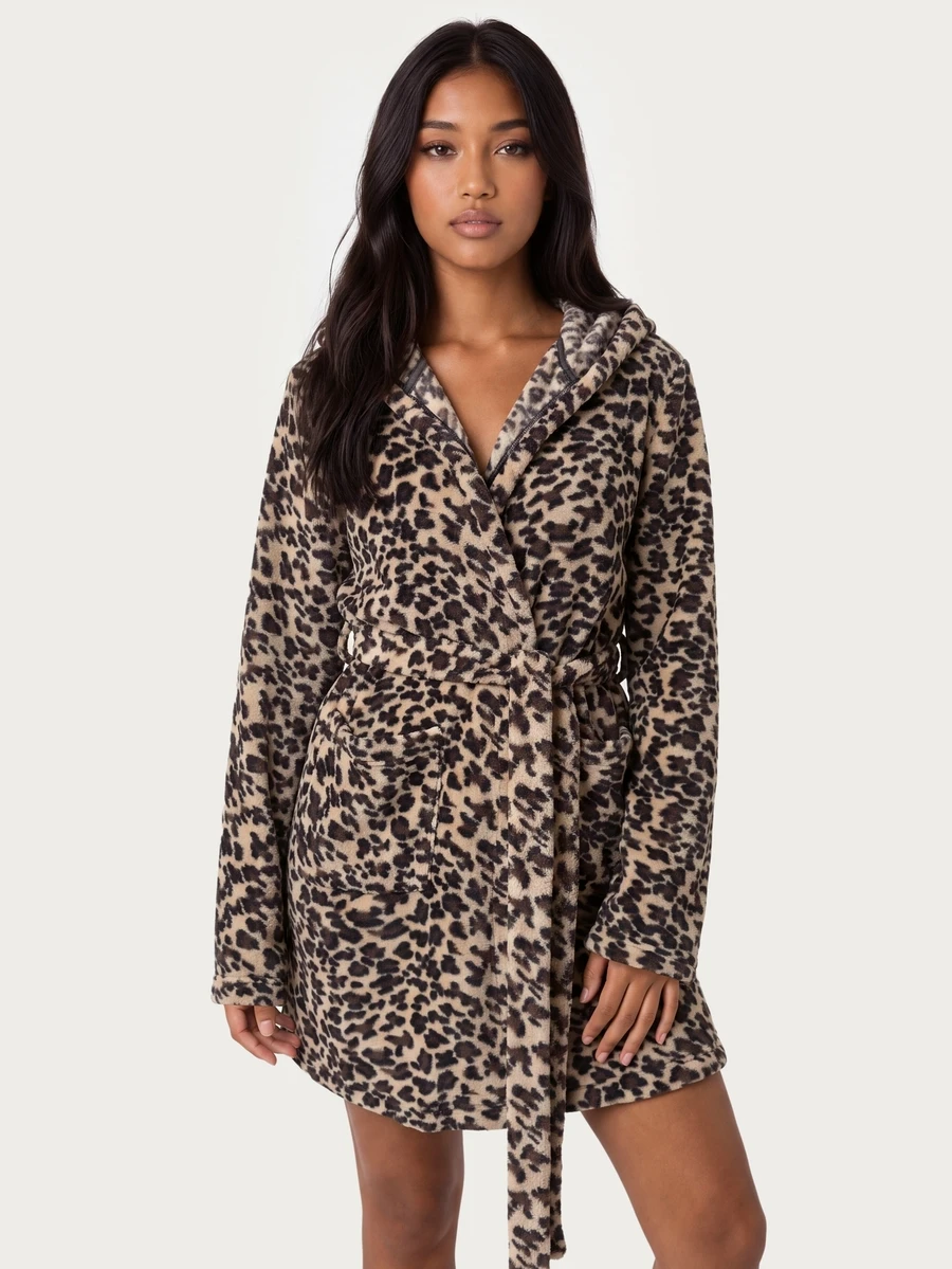 MISSGUIDED TEEN 豹紋連帽抓絨睡袍附腰帶,舒適保暖包圍式家居服,長袖毛絨冬季睡衣 - 彩色 - 查看 1