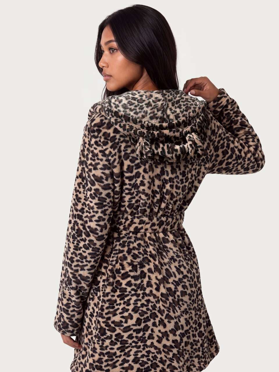 MISSGUIDED TEEN Leopardenmuster Kapuzen-Fleece-Morgenmantel mit Gürtel, gemütlicher Umhang, Plüsch-Loungewear, Winter-Nachtwäsche, Langarm