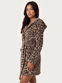 MISSGUIDED TEEN 豹紋連帽抓絨睡袍附腰帶，舒適保暖包圍式家居服，長袖毛絨冬季睡衣 - 彩色 - 查看 4