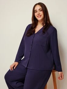 LUVLETTE 大尺碼女款柔軟棉質華夫格基本款鈕扣長袖上衣與長褲居家休閒兩件式睡衣套裝，附口袋，秋季睡衣套裝 - 藍色 - 查看 7