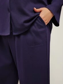 LUVLETTE 大尺碼女款柔軟棉質華夫格基本款鈕扣長袖上衣與長褲居家休閒兩件式睡衣套裝，附口袋，秋季睡衣套裝 - 藍色 - 查看 5