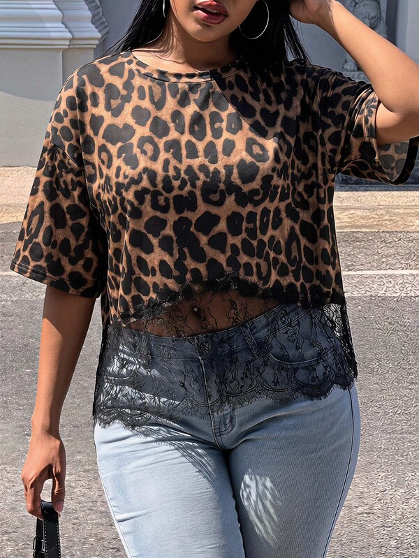 Slaydiva New Summer/Fall Plus Size Women's Casual Lace Patchwork Cropped Top/Elegant/Y2k/Holiday/Festival/Vacation/Party/Streetwear/Sexy/Club/Leopard Print