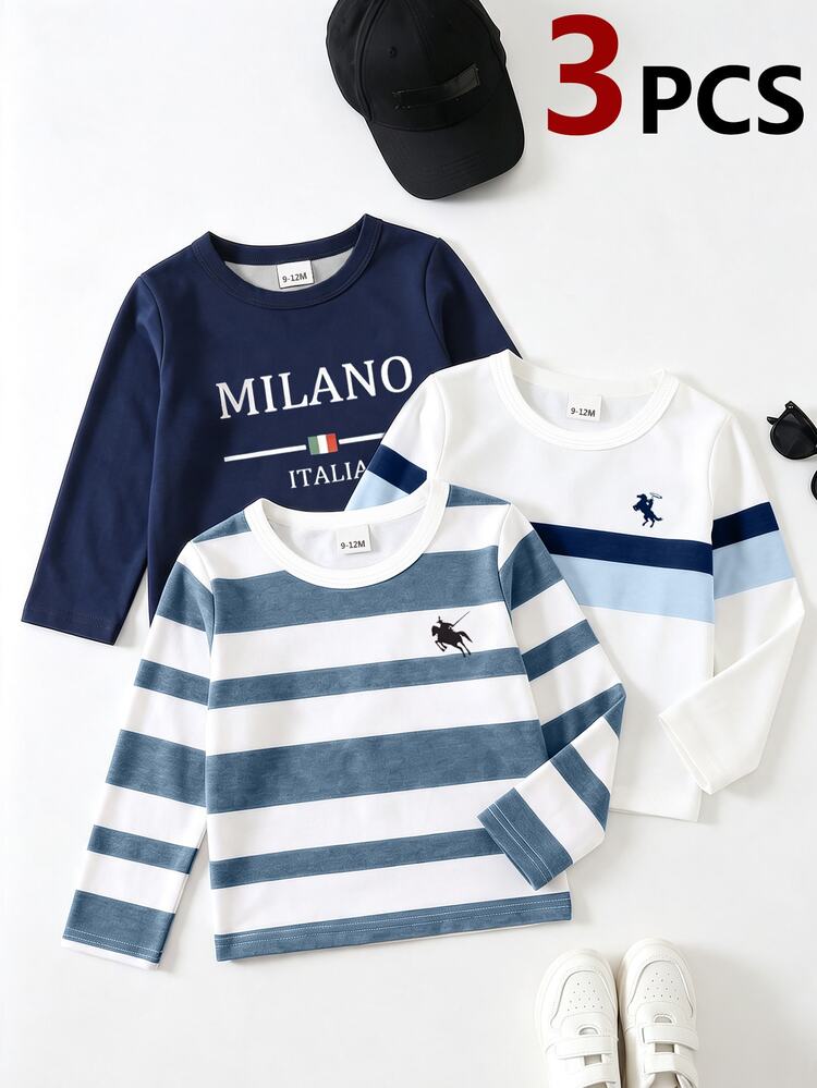 3pcs Baby Boys T-Shirt Casual Navy Blue Striped Letter Print Long Sleeve Loose Round Neck School Vacation Autumn Back To School Fall Tops - Multicolor - View 3