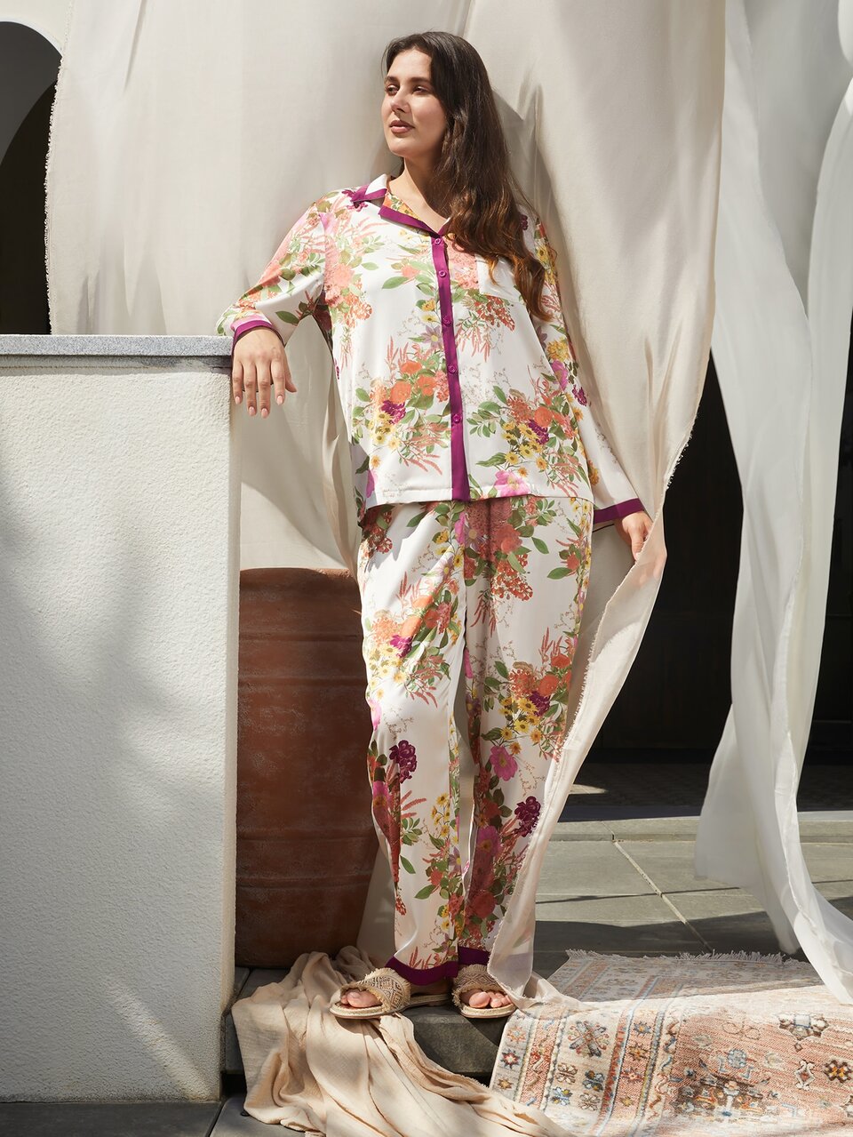 Tropicoqueta Chinese Style Large Scale Floral Print Satin Long Sleeve Women Pajama Sets Lounge Sets For Women , Fall Clothes Graphic