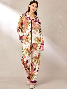 LUVLETTE Tropicoqueta 中式大花卉印花緞面女款長版睡衣套裝家居服，秋季圖案服飾 - 中紫紅色 - 查看 7