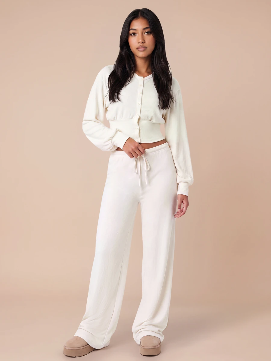 MISSGUIDED TEEN 舒適針織短版開襟外套與寬腿褲套裝,前扣鈕扣長袖居家休閒兩件式套裝,秋冬款 - 白色 - 查看 1