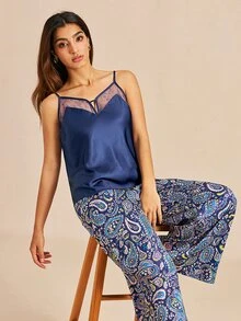 LUVLETTE Summer Stylish Navy & Paisley Pajama Set - Lace-Trimmed Camisole & Wide-Leg Pants Summer Lounge Wear Curve Pyjama Now Trending Graphic - Blue - View 8
