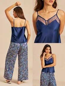 LUVLETTE Summer Stylish Navy & Paisley Pajama Set - Lace-Trimmed Camisole & Wide-Leg Pants Summer Lounge Wear Curve Pyjama Now Trending Graphic - Blue - View 3