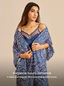 LUVLETTE Summer Stylish Navy & Paisley Pajama Set - Lace-Trimmed Camisole & Wide-Leg Pants Summer Lounge Wear Curve Pyjama Now Trending Graphic - Blue - View 9