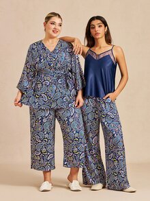 LUVLETTE Summer Stylish Navy & Paisley Pajama Set - Lace-Trimmed Camisole & Wide-Leg Pants Summer Lounge Wear Curve Pyjama Now Trending Graphic - Blue - View 10