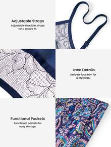LUVLETTE Summer Stylish Navy & Paisley Pajama Set - Lace-Trimmed Camisole & Wide-Leg Pants Summer Lounge Wear Curve Pyjama Now Trending Graphic - Blue - View 4